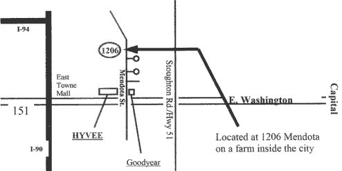 Map showing the location of our farm on the East Side of Madison just off of Washington Avenue behind the HyVee Store