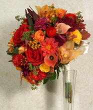 bridal bouquet with rich deep reds, scarlet, with orange accents