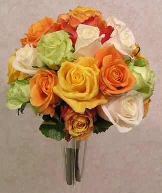 Colorful red, yellow, green, and white rose bouquet